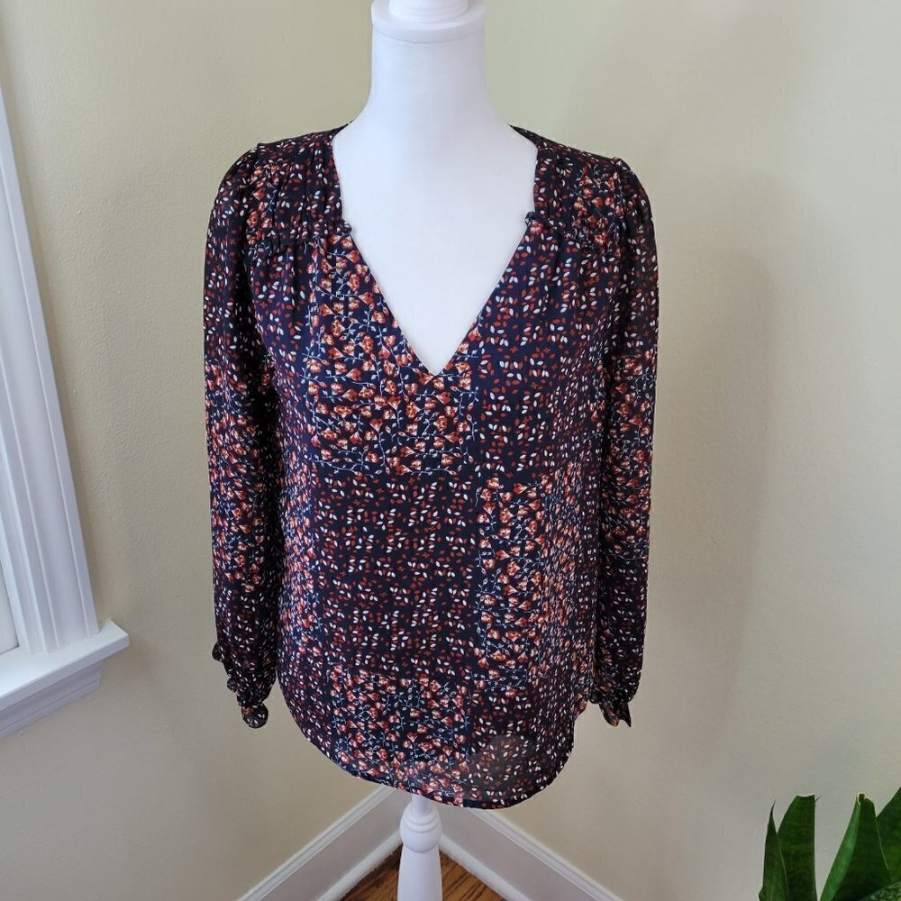 Skies Are Blue Long Sleeve Blouse Navy Floral V-Neck Top Womens Size XS - Picture 2 of 14
